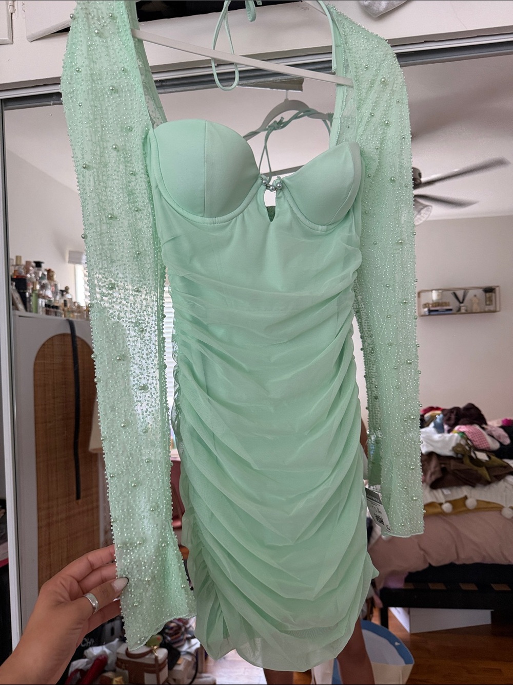 Oh Polly Mint Green Ruched Halter Bodycon Dress with Beaded Sleeves